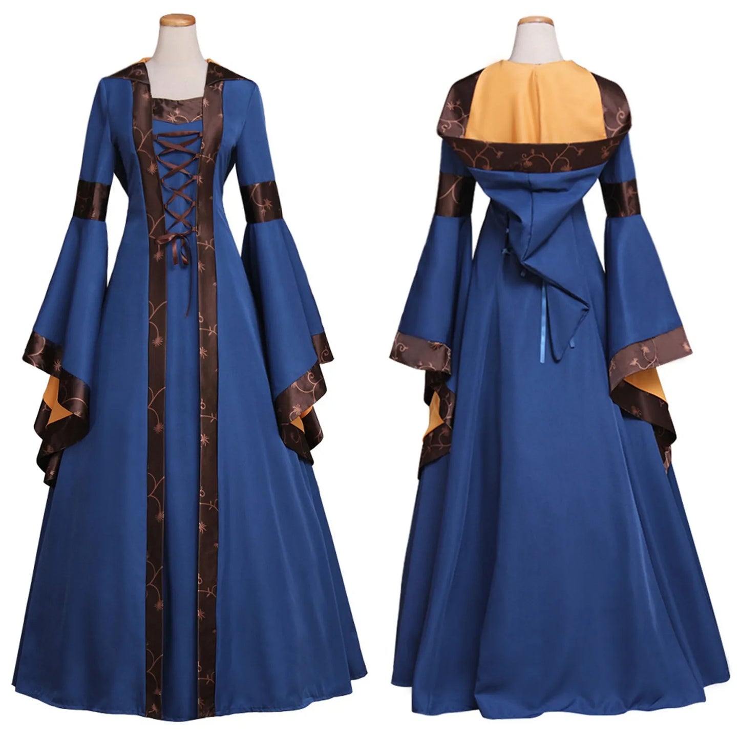 Medieval Hooded Flare Sleeve Dress With Lace Up Waist