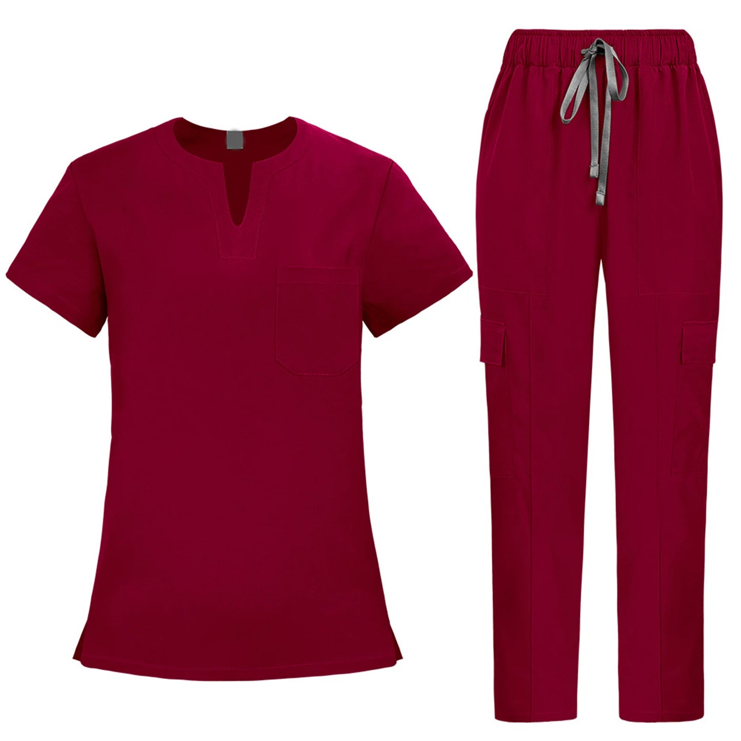 V-Notch Short Sleeve Multi-Pocket Cargo Pants Medical Uniform Healthcare  Professional Outfit