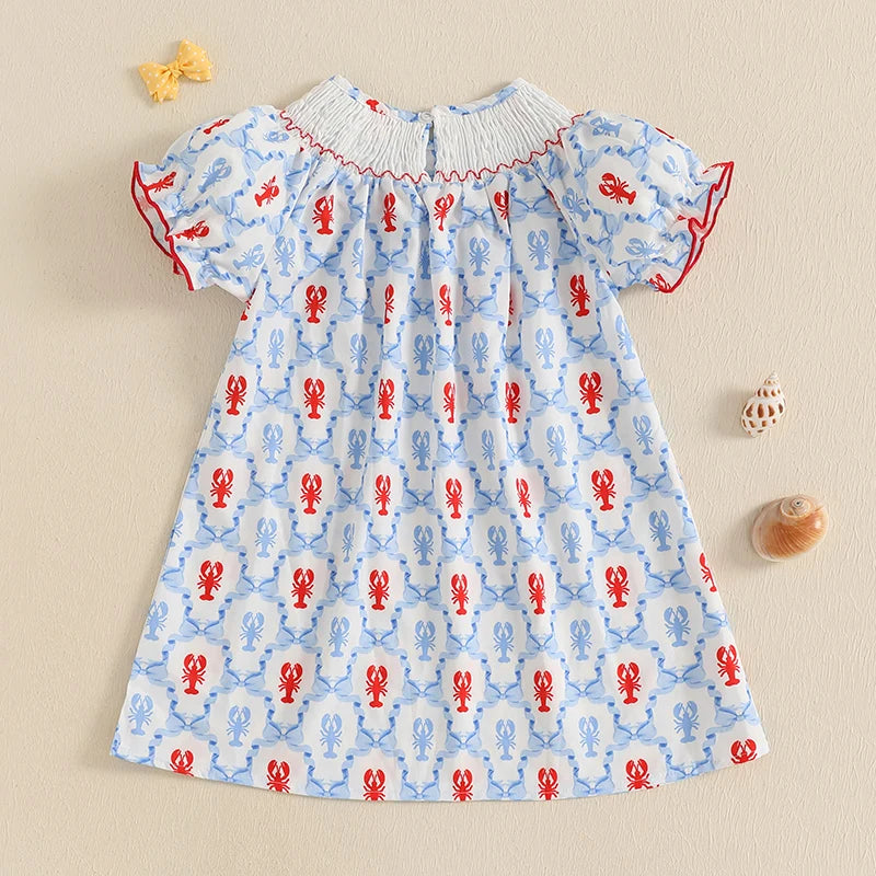 Cute Baby Girls Dress with Crab Print Round Neck and Short Sleeves Adorable Casual Dress