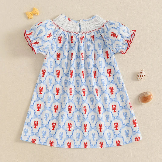 Cute Baby Girls Dress with Crab Print Round Neck and Short Sleeves Adorable Casual Dress