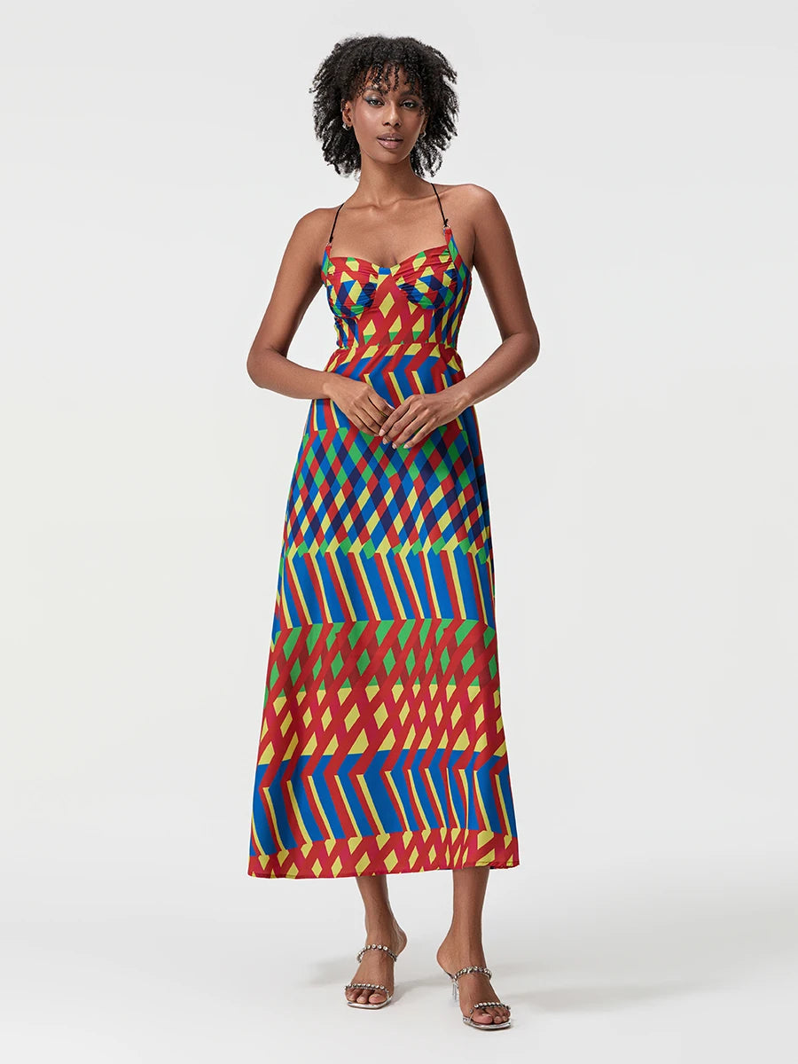 Women s Long Slip Dress Contrast Line Print Sleeveless Spaghetti Strap