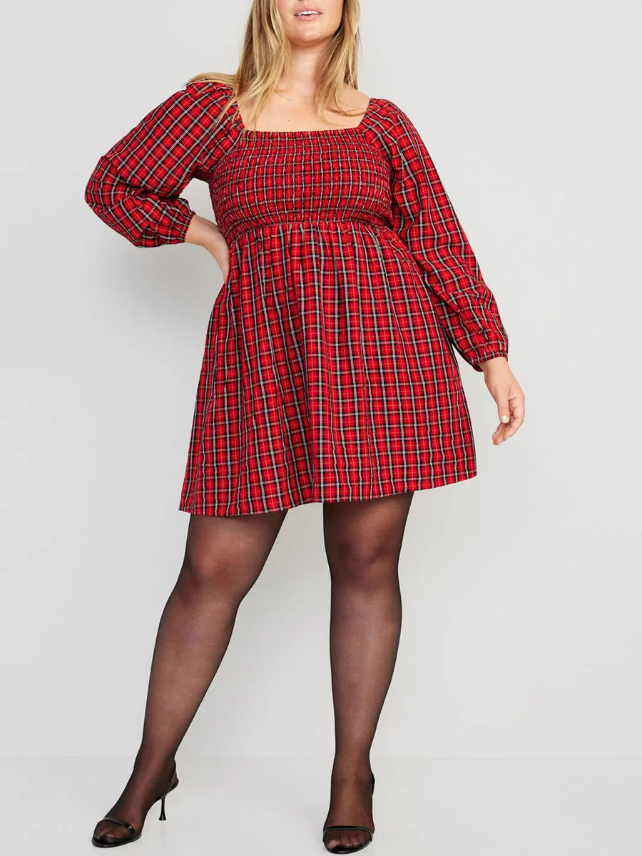 Women s Plaid Print A-line Dress Retro Long Sleeve U-Neck Mini Dress