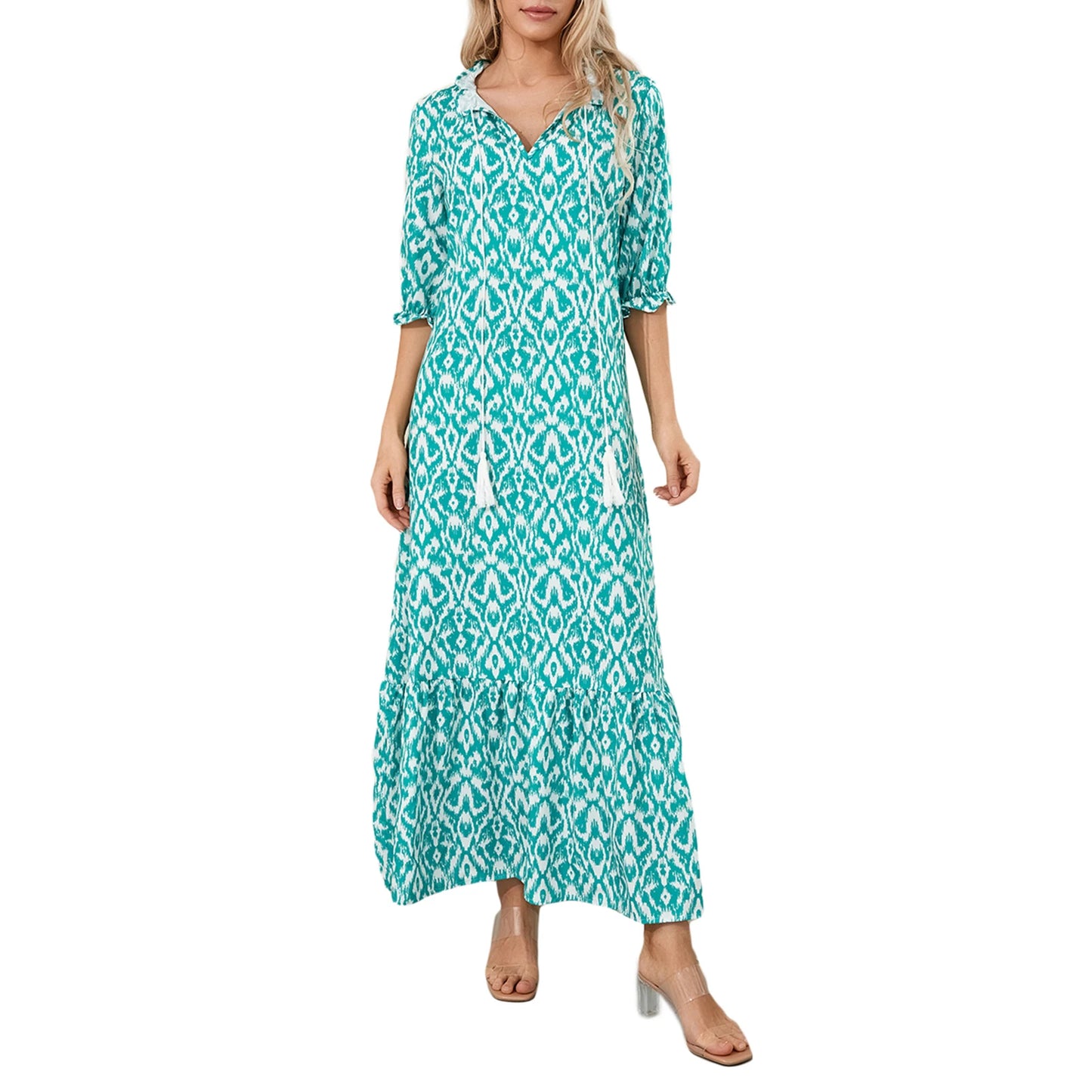 Women Long Dress Elegant Short Sleeve V Neck Flower Graphic Print