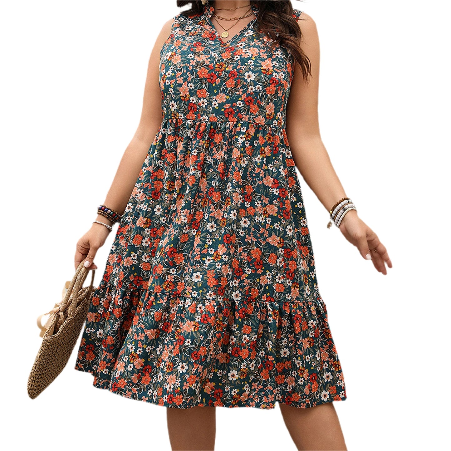 Women Plus Size Dress Geometric Print Round Neck Sleeveless Casual Dress