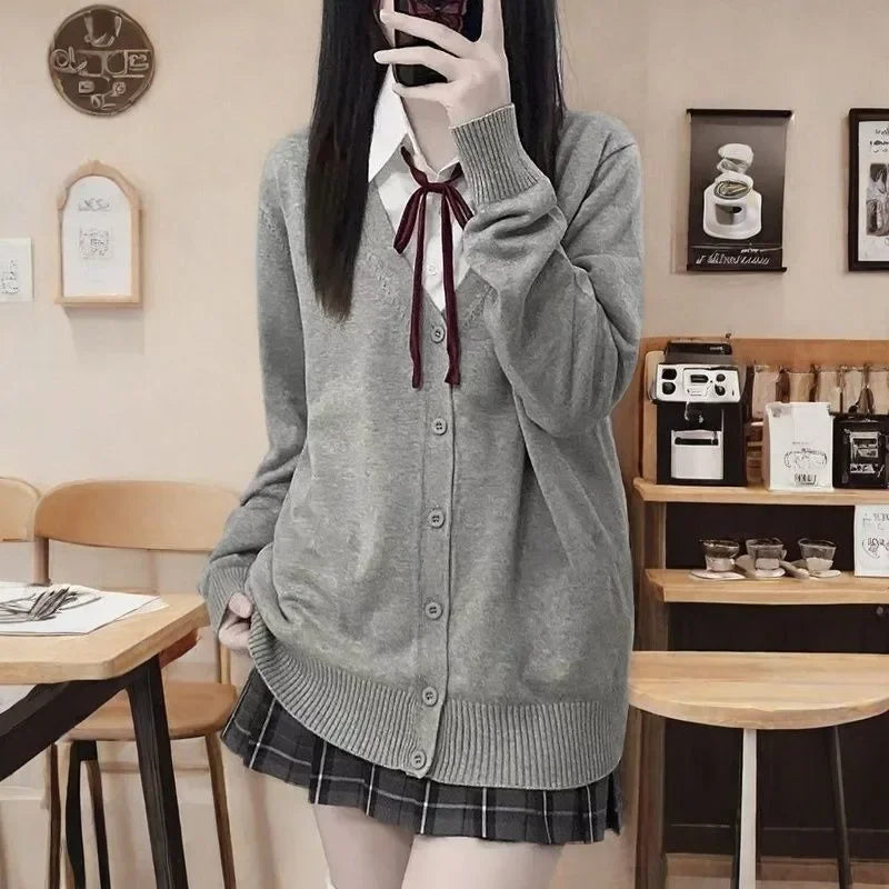 Japanese Fashion V Neck Knit Cardigan Women JK Uniform Style