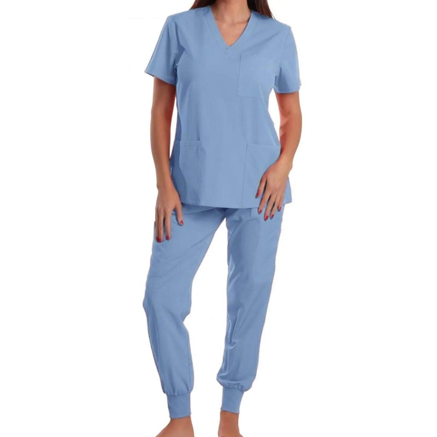 Nurse Scrub Set V Neck Short Sleeve Multicolor Jogger Pants Medical Uniform
