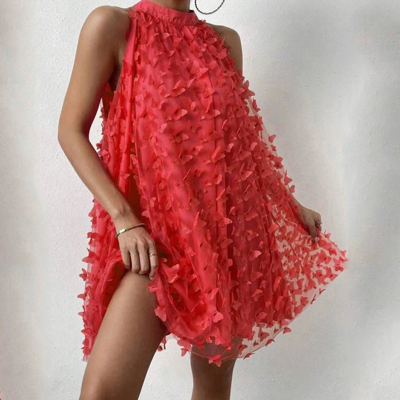 Sexy Women Mini Skirt Rose Red Sleeveless 3D Butterfly Fashion Jacquard Pleated