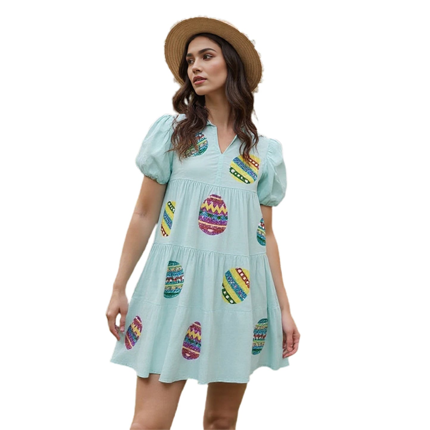 Women s Casual Loose Fit Mini Dress with Short Puff Sleeves and Round Neckline