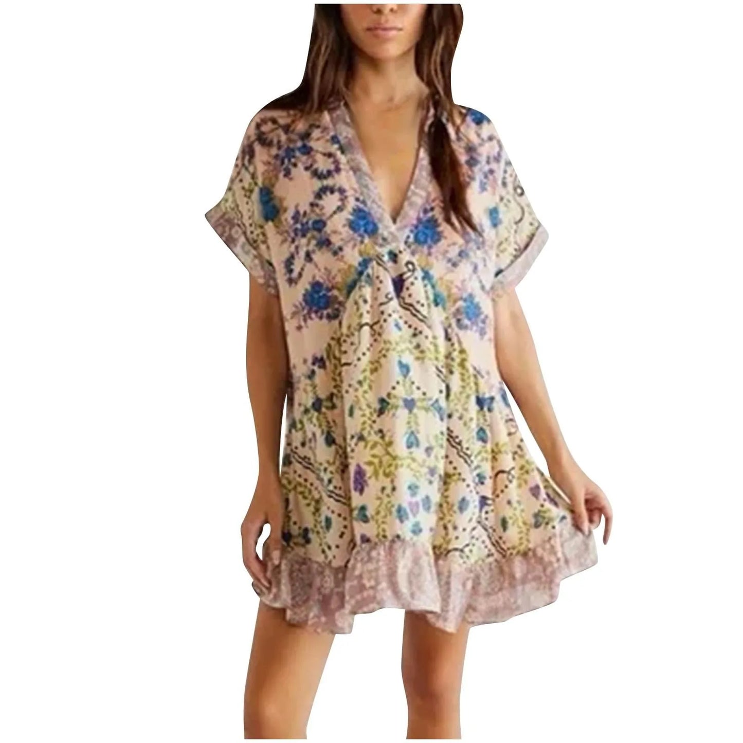 Women Boho Beach Mini Dress 2024 Summer V Neck Short Sleeve