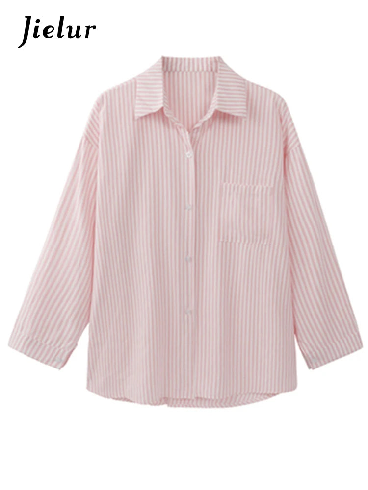 Jielur Spring Pink Striped Women's Shirts Summer Loose Blue Pockets