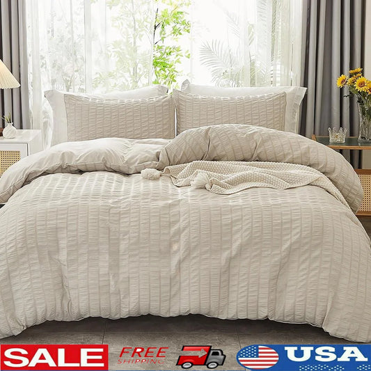 Ultra Soft Seersucker Duvet Cover Set King Size 3 Pieces Wrinkled Microfiber