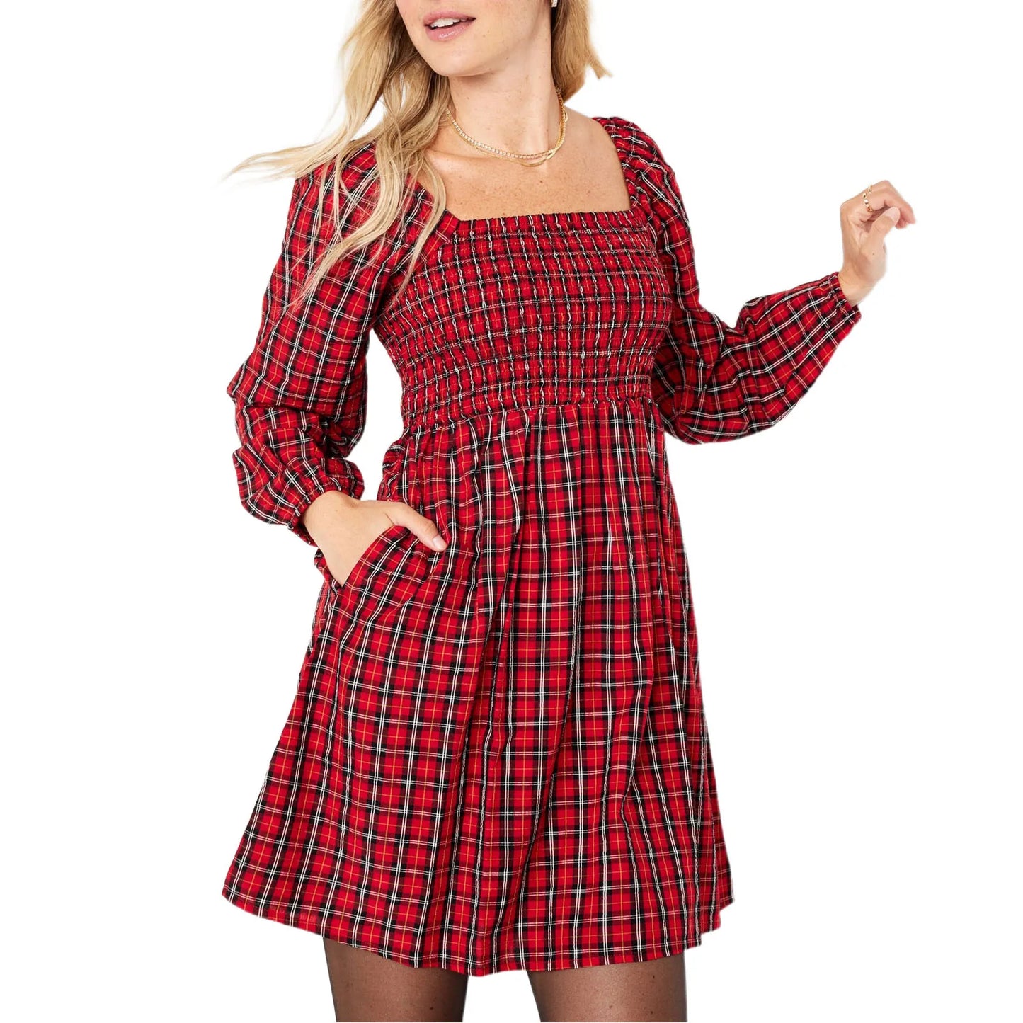 Women s Plaid Print A-line Dress Retro Long Sleeve U-Neck Mini Dress