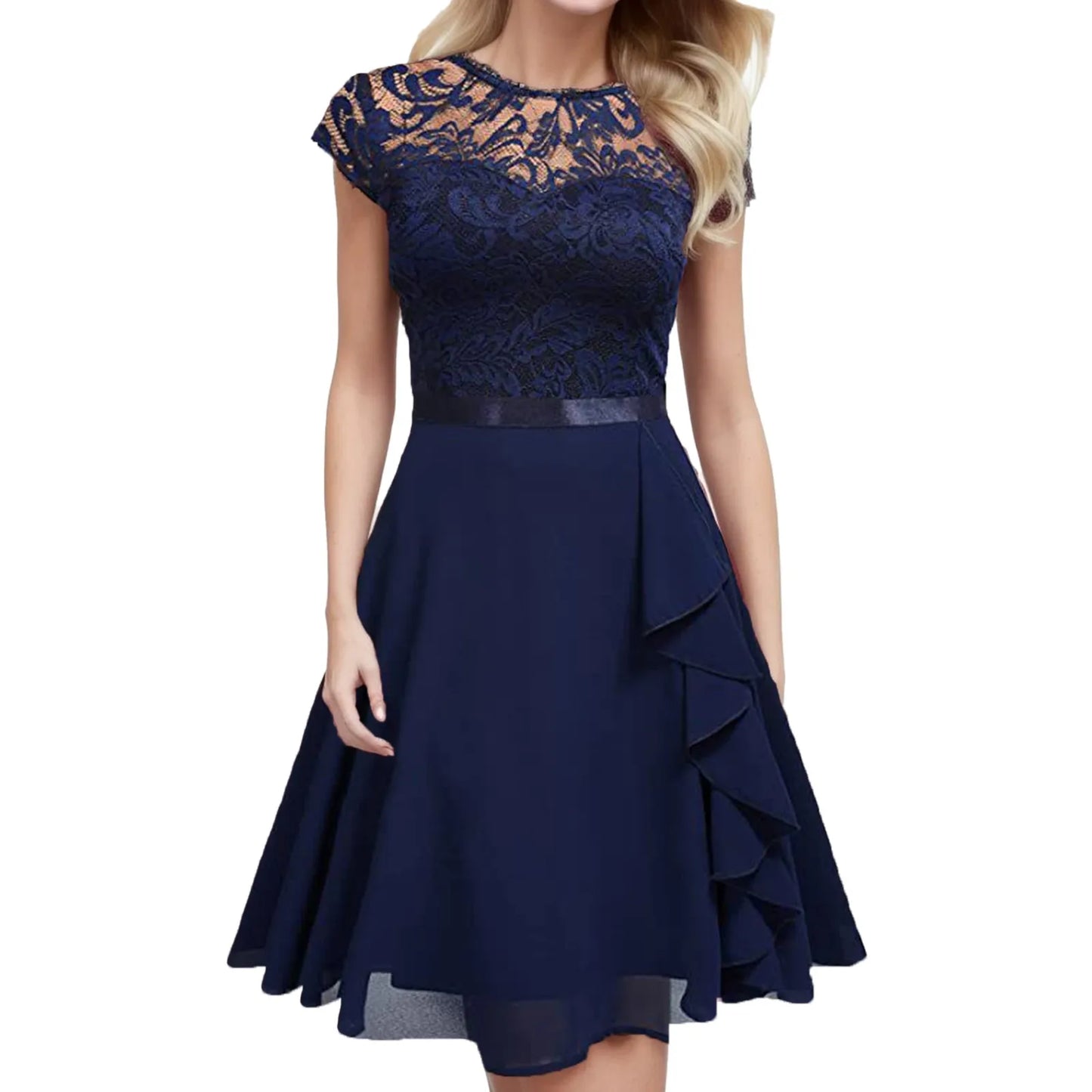Women Cocktail Dress With Lace And Crew Neck Short Sleeves
