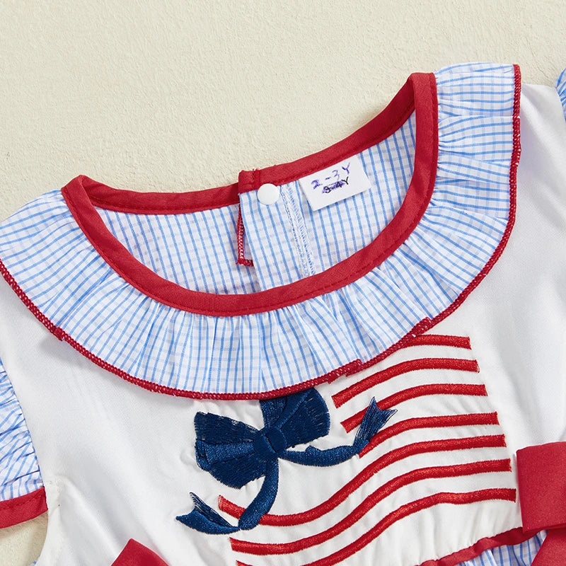 Independence Day Toddler Girl Dress with Plaid Bows and American Flag