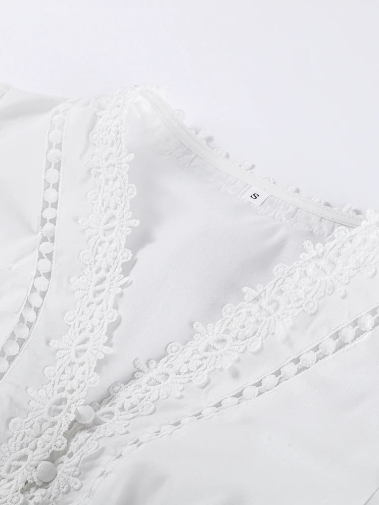 Lace Long Dresses Women Hollow Out V-neck Full Puff Sleeves Loose A line Dress