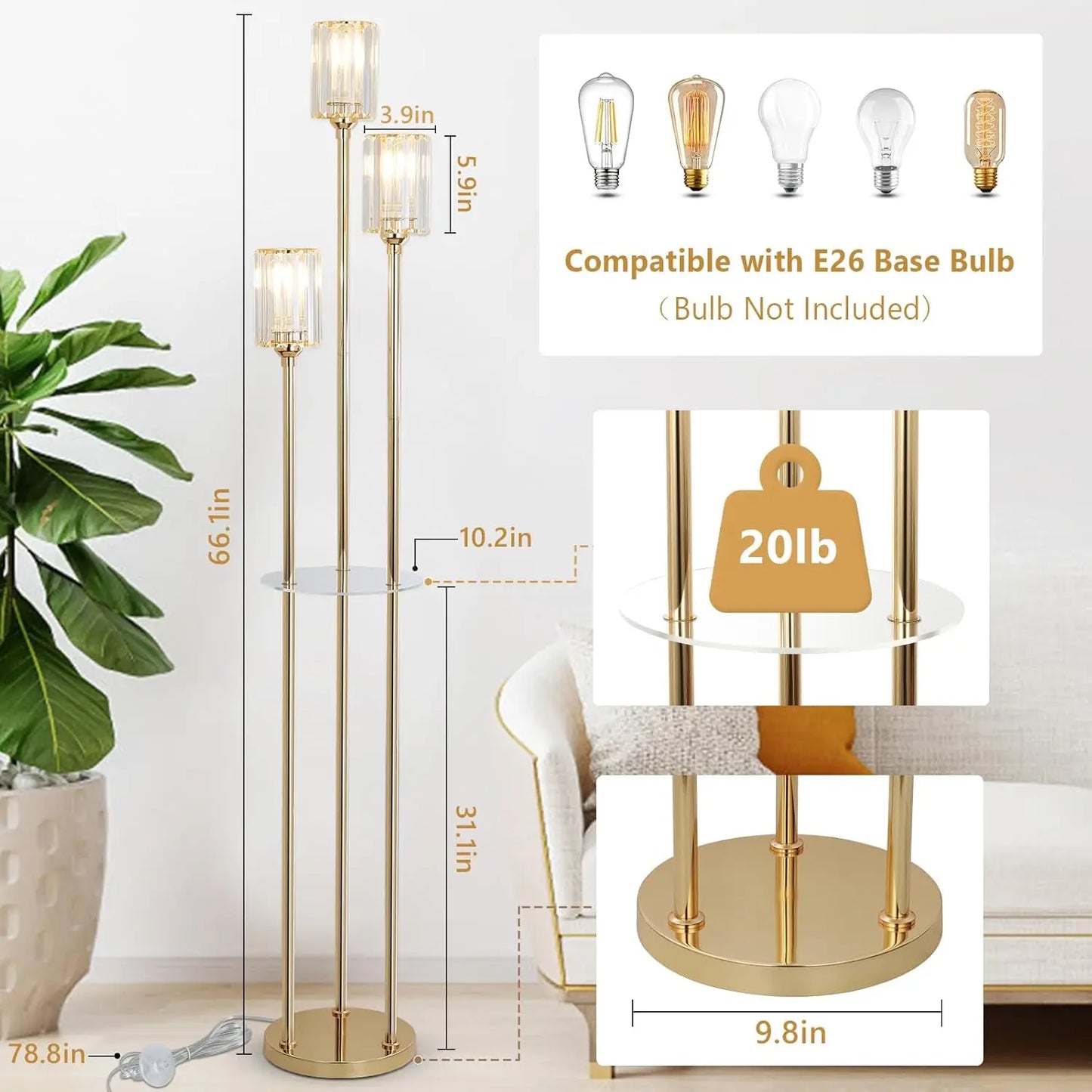 Crystal Floor Lamp With Shelves Rechargeable Battery Powered
