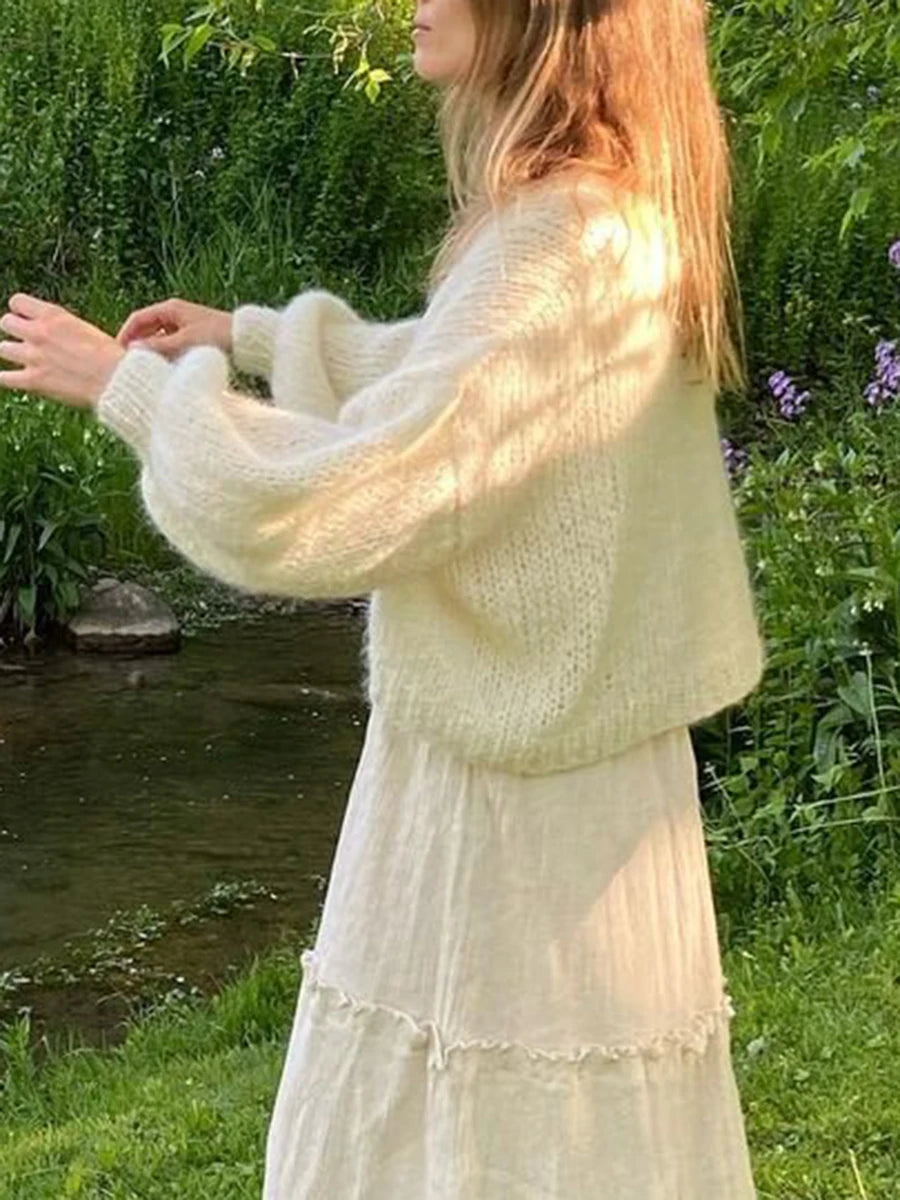 Knit Cardigan Open Front Long Puff Sleeve Women Jacket