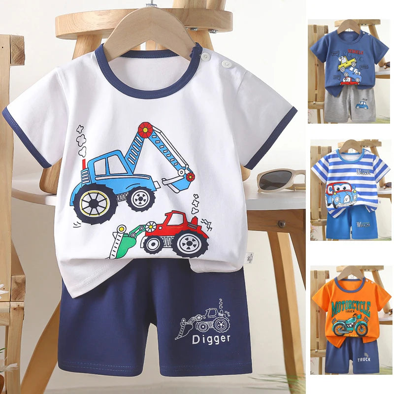Pure Cotton Kids Cartoon Clothing Summer Short Sleeve Suits Boys Girls T-Shirts+Short