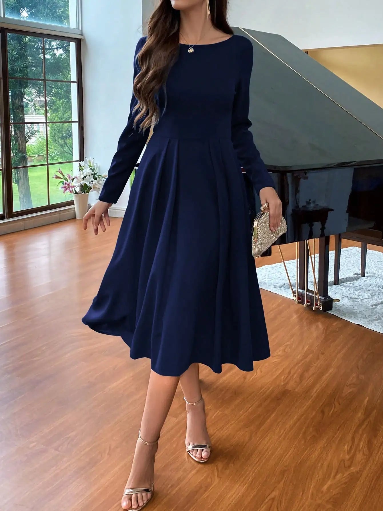 Elegant Women Long Sleeve A Line Dress Polyester Modern