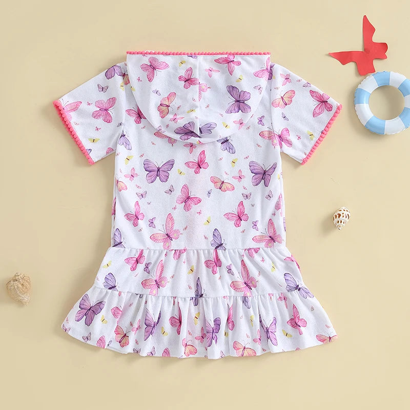 Girls Beach Coverups Hooded Dress with Cute Animal Print Short Sleeve