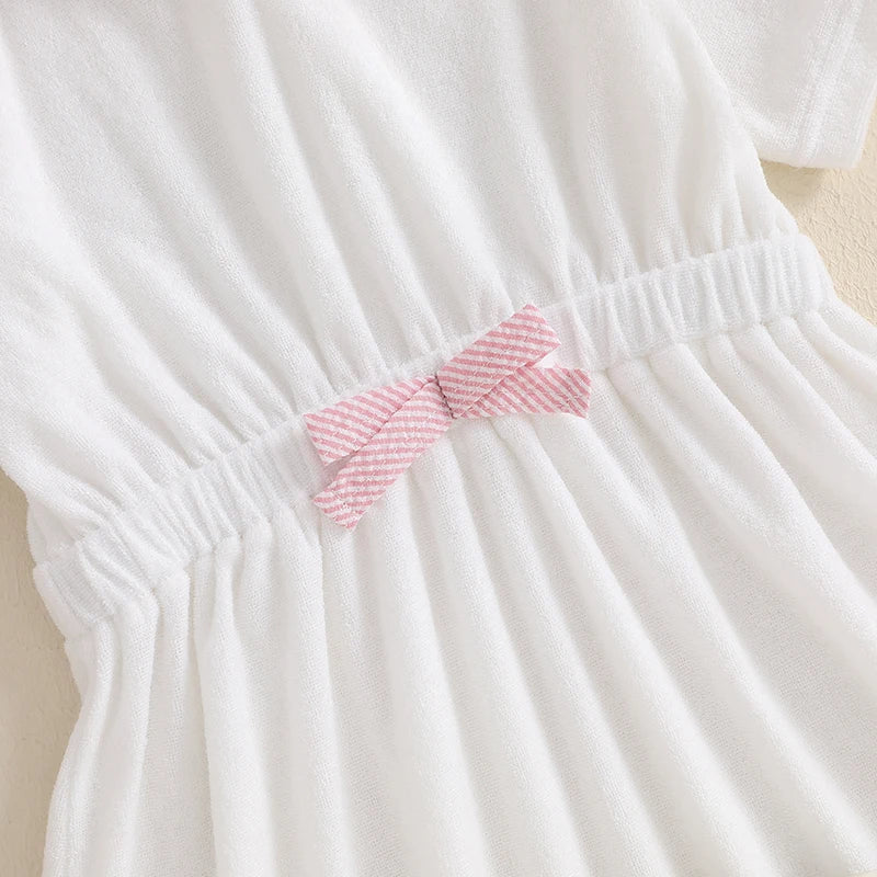 Kids Beach Cover Up Dress with 3D Bow Detail Short Sleeve Hooded
