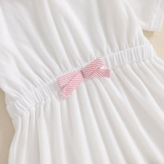 Kids Beach Cover Up Dress with 3D Bow Detail Short Sleeve Hooded