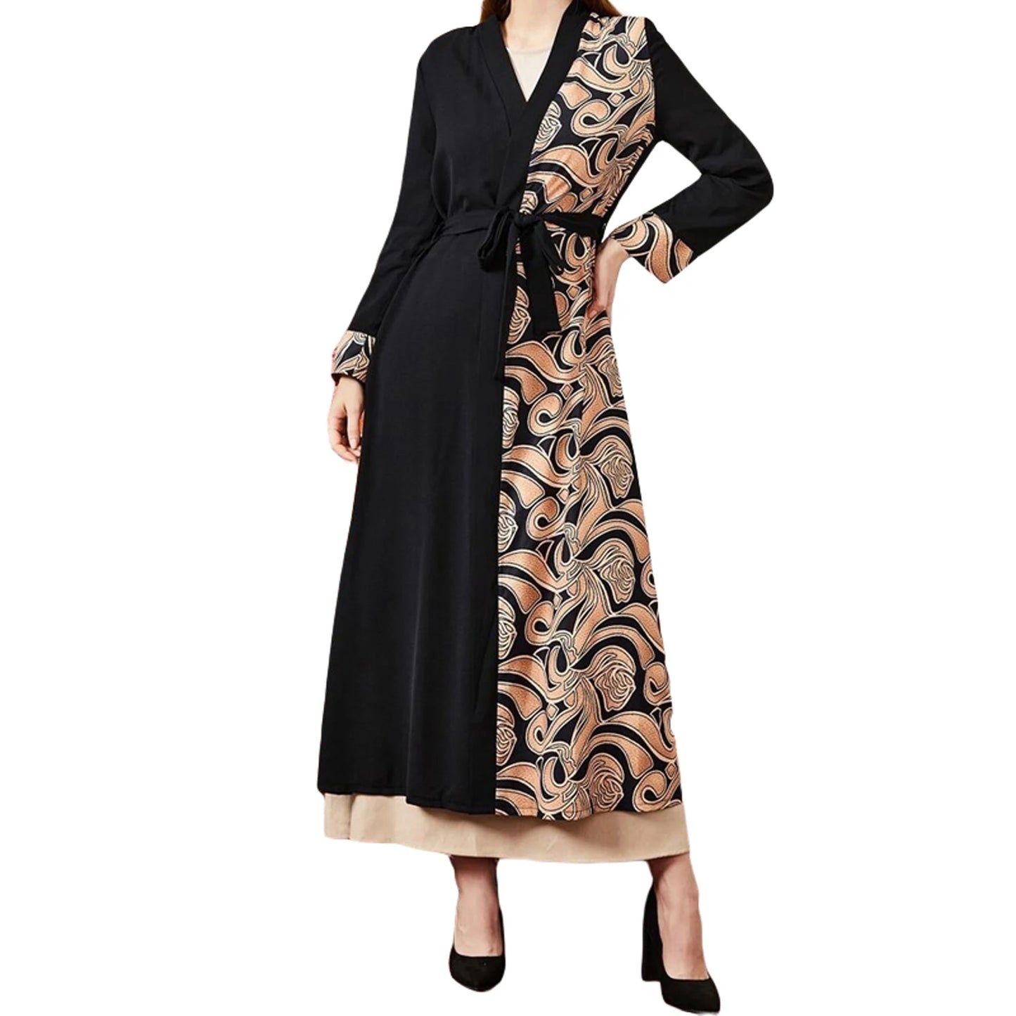 Elegant Floral Print Maxi Dress with Bell Sleeves and Waist Tie for Women