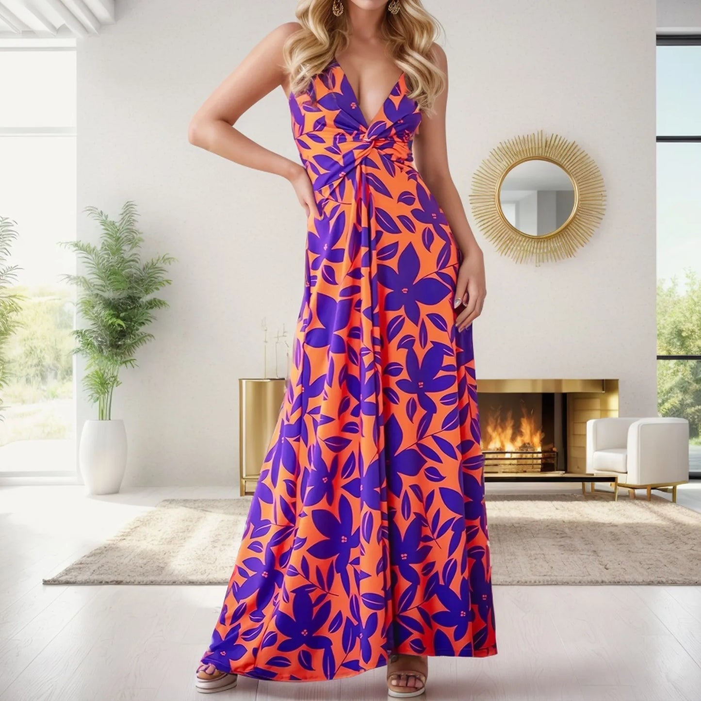 Strappy Boho Beach Long Dress 2024 Women's Summer V Neck Slim Sleeveless