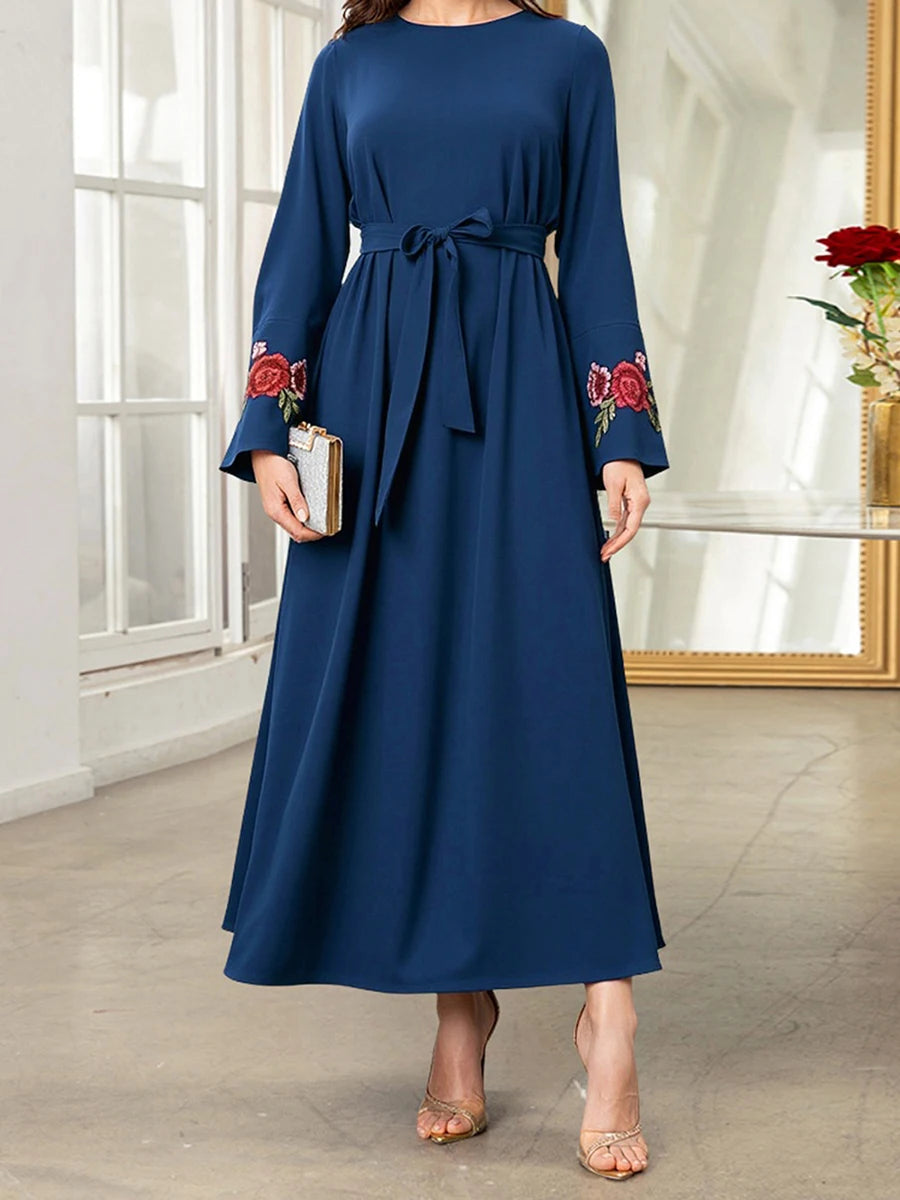 Elegant Floral Patterned Abaya Dress with Belt and Flare Sleeves Round Neck