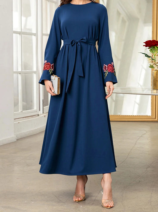 Elegant Floral Patterned Abaya Dress with Belt and Flare Sleeves Round Neck