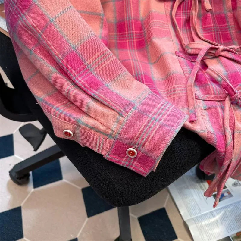 Neploe American Retro Pink  Plaid Shirt for Women Spring Autumn