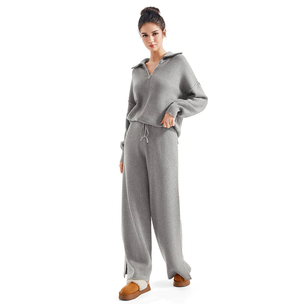 Two Piece Lounge Set Tracksuit Oversized Zip Pullover Polo Neck