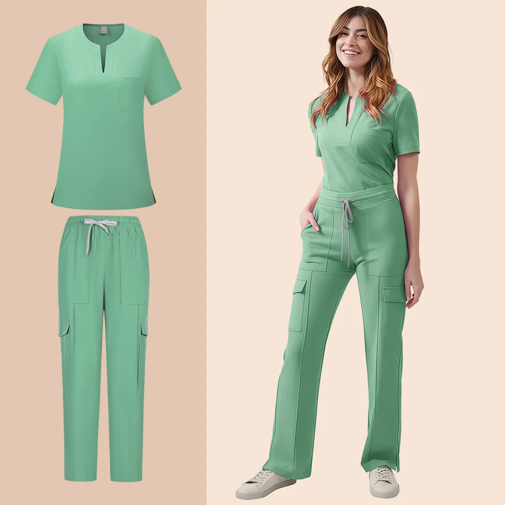 Medical Scrubs Uniform Women Nurse Scrub Set Pocket Top+Pants 2 Piece Suit