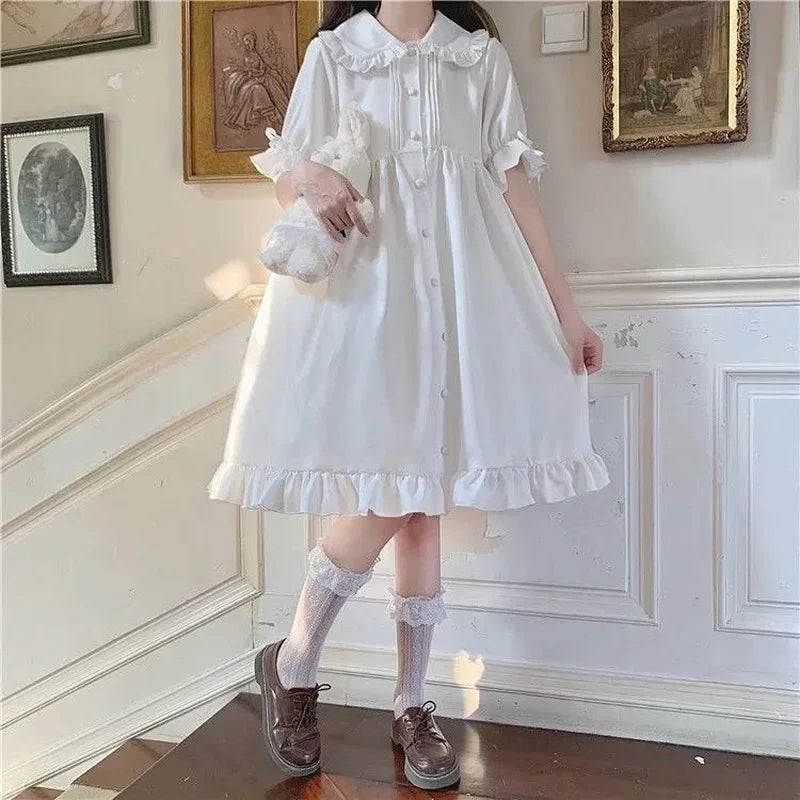 Japanese Sweet Girl Lolita Dress White 2021 Summer Kawaii Peter Pan Collar