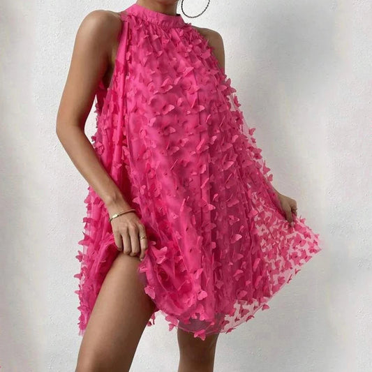 Sexy Women Mini Skirt Rose Red Sleeveless 3D Butterfly Fashion Jacquard Pleated