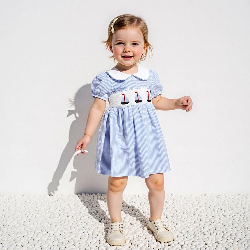 Child Girl Summer Striped A-Line Dress with Doll Collar Short Sleeves
