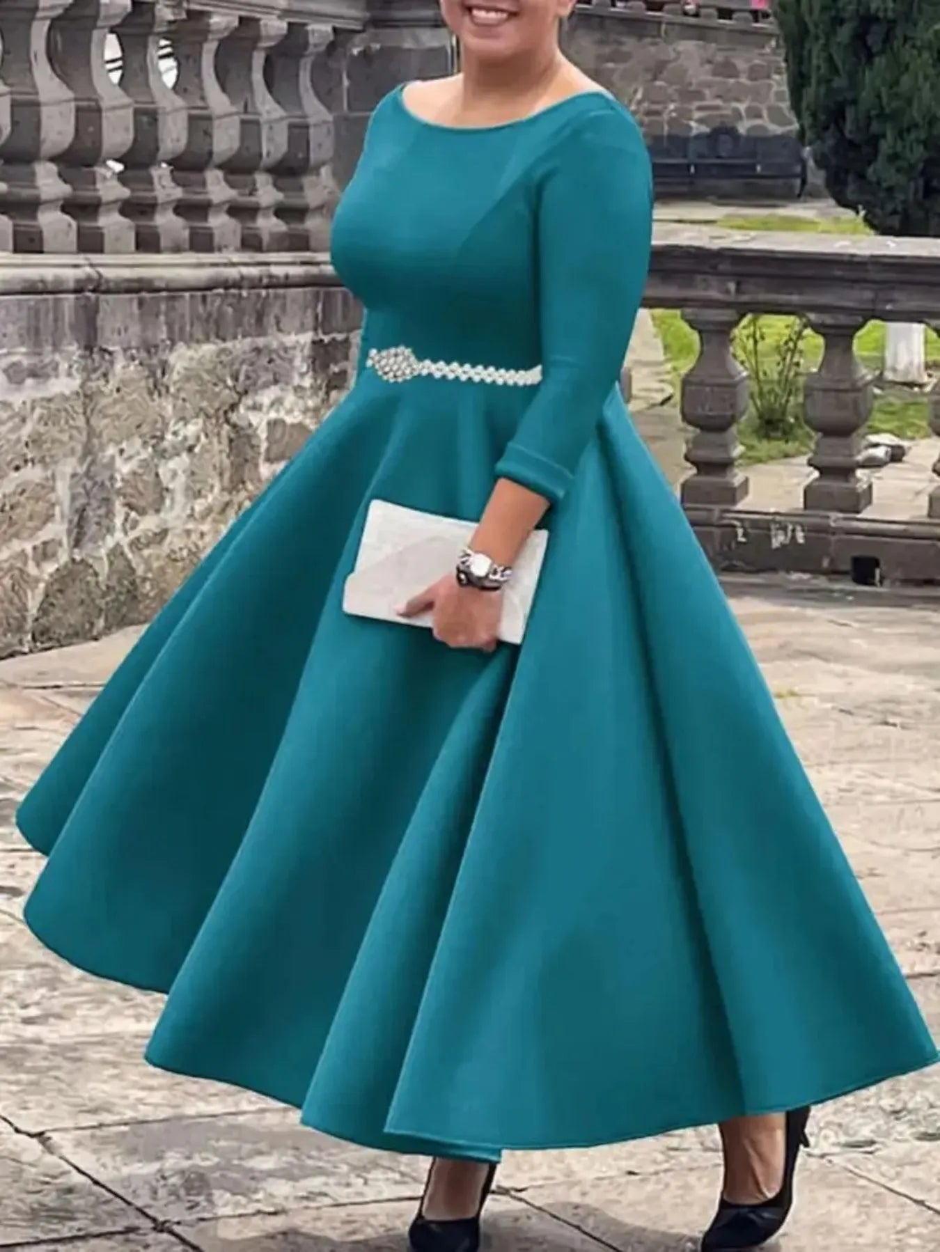 Elegant Dress With Boat Collar And Rhinestone Belt