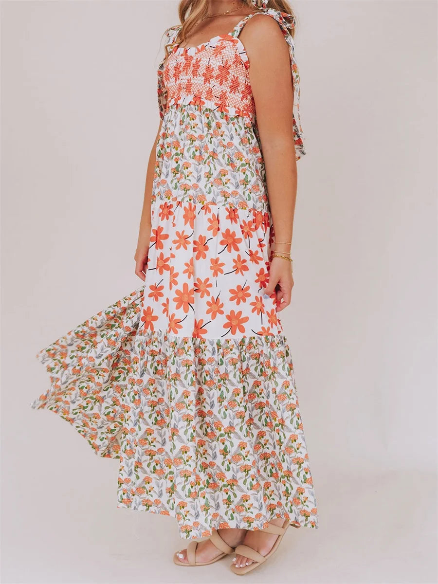 Women s Boho Maxi Dress with Ruffle Hem and Adjustable Spaghetti Straps