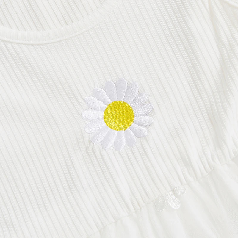 Floral Embroidered Sleeveless Tulle Dress with Round Neckline for Little Girls -