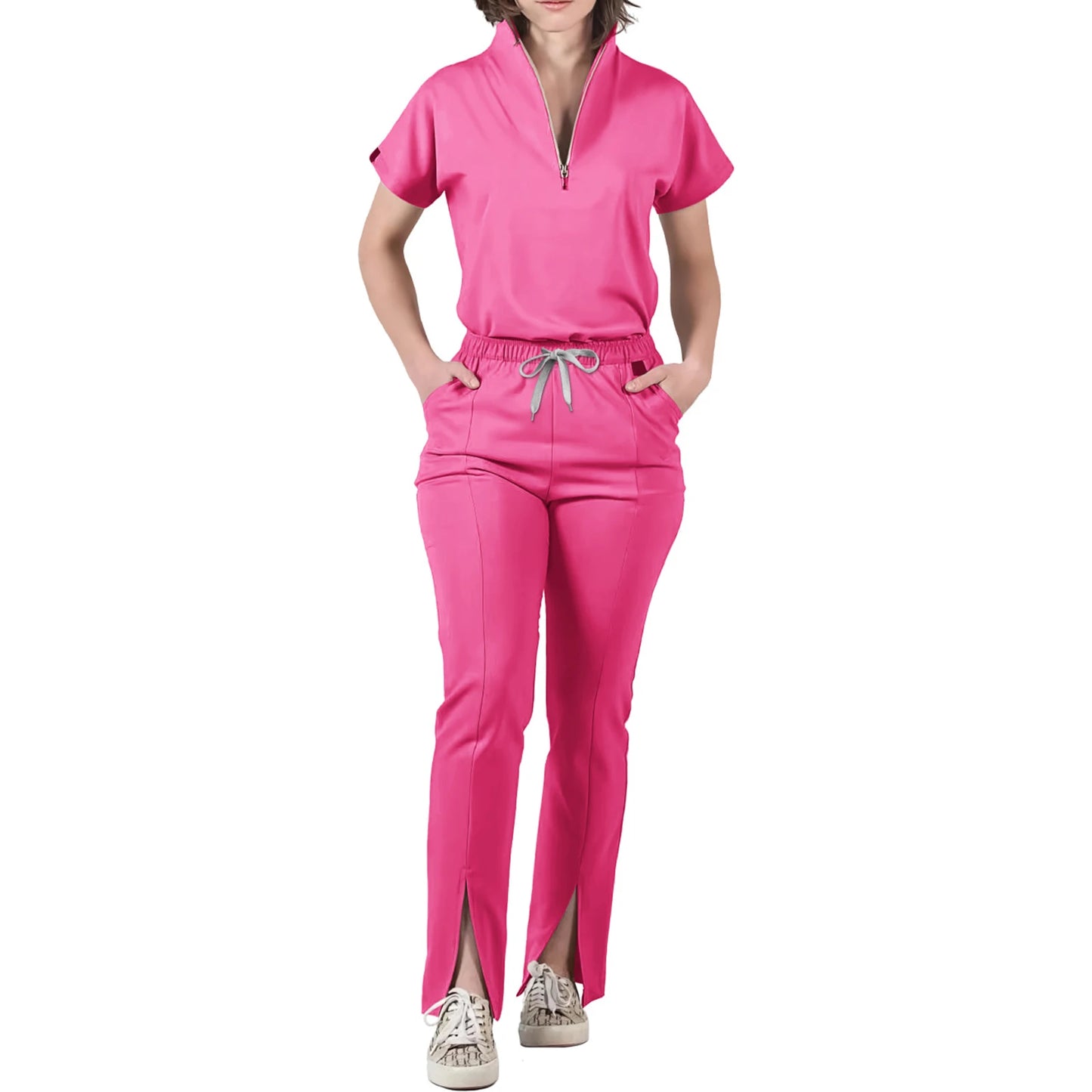 Women's Nurse Scrub Set V-Neck Half Zipper Short Sleeve Multi-Color Split Hem Pants Multi-Pocket