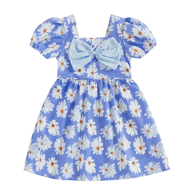 Girls Sleeveless Floral Print Square Neck Bow Summer Dress Kids Casual Clothes