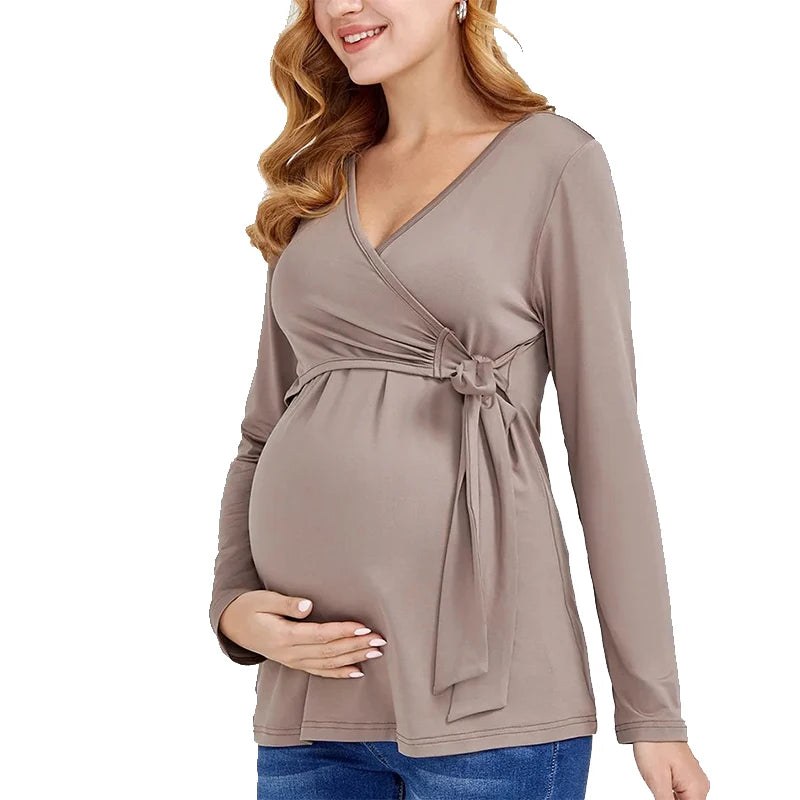 Maternity Blouses Long Sleeve V-neck Breastfeeding Shirt Tops Pregnancy Clothing