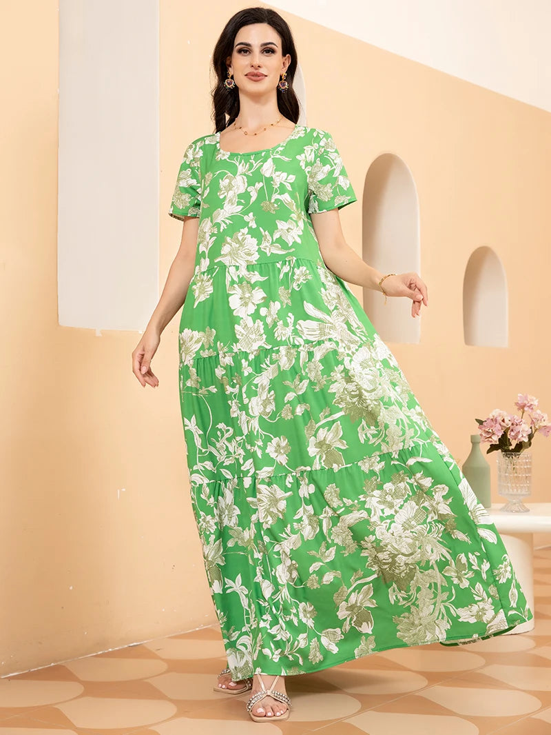 Holiday style Round neck Flowers Color contrast Splicing Regular sleeve