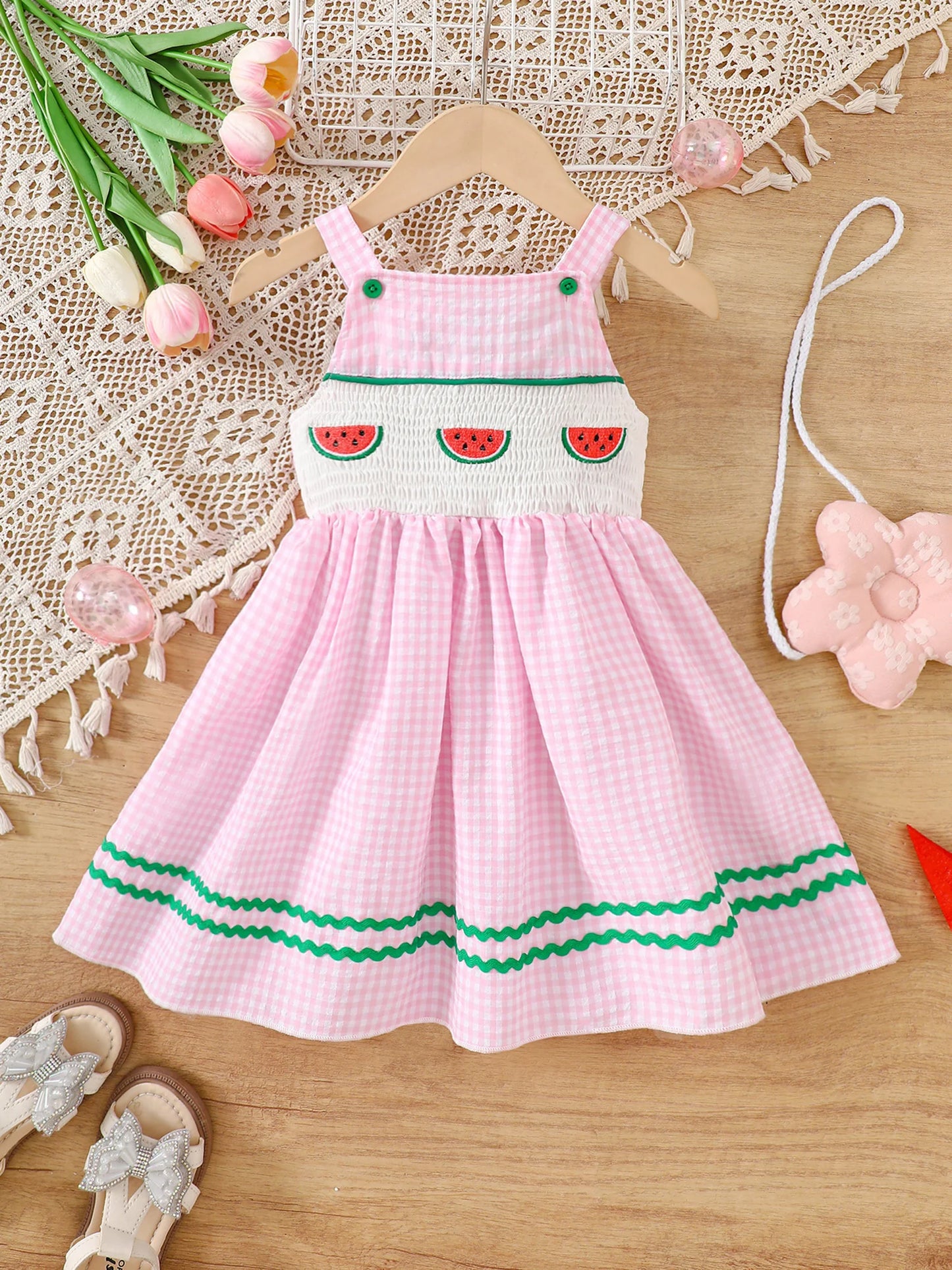 Girls Sleeveless Watermelon Embroidered Plaid Dress with Ric-Rac Trim -