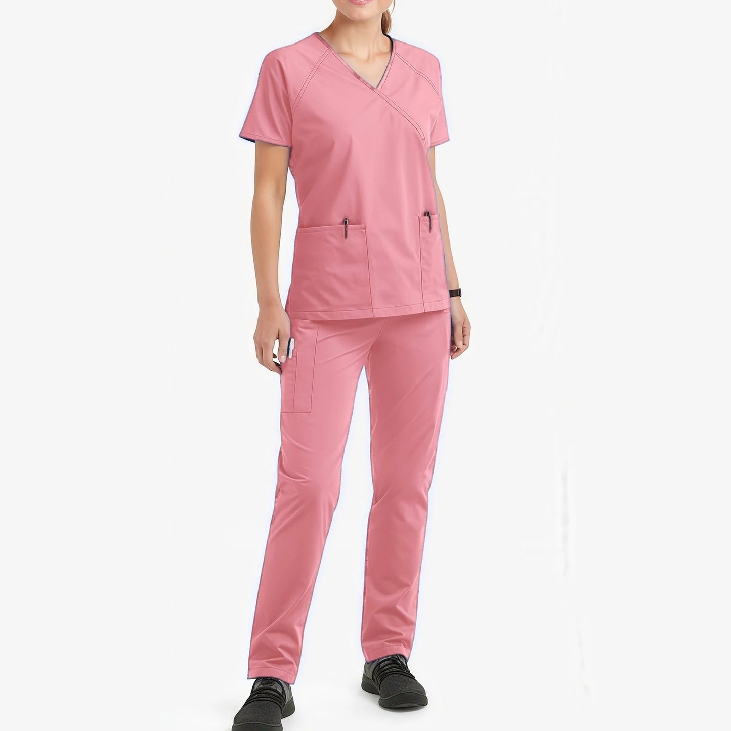 Women's Nurse Scrub Set V-Neck Short Sleeve Multi-Color Zipper Pocket Long Pants Medical Uniform Cozy Professional Workwear