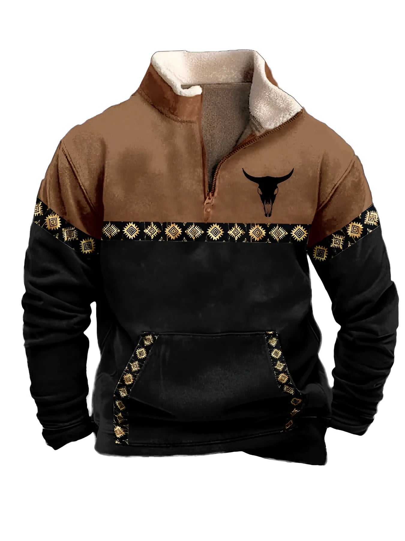 Men'S Vintage Western Hoodie with Aztec Cowboy Design - Beige & Gray Zip-Up Pullover