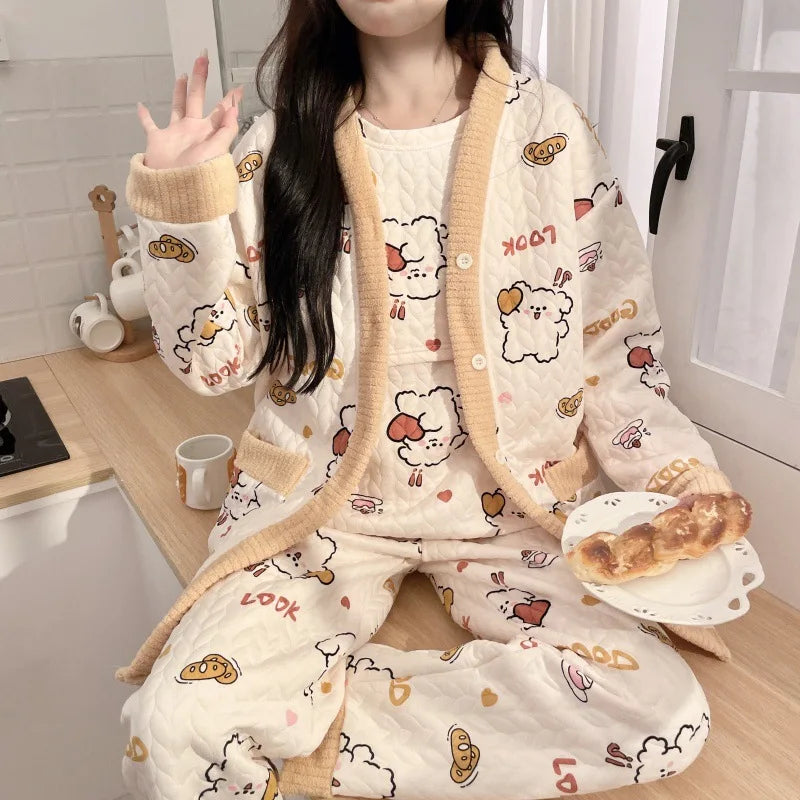 Autumn Winter Fashion Maternity Pajamas Cotton Jacket Pants And Breast Feeding Three Pieces