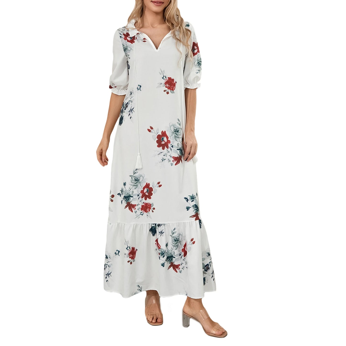 Women Long Dress Elegant Short Sleeve V Neck Flower Graphic Print