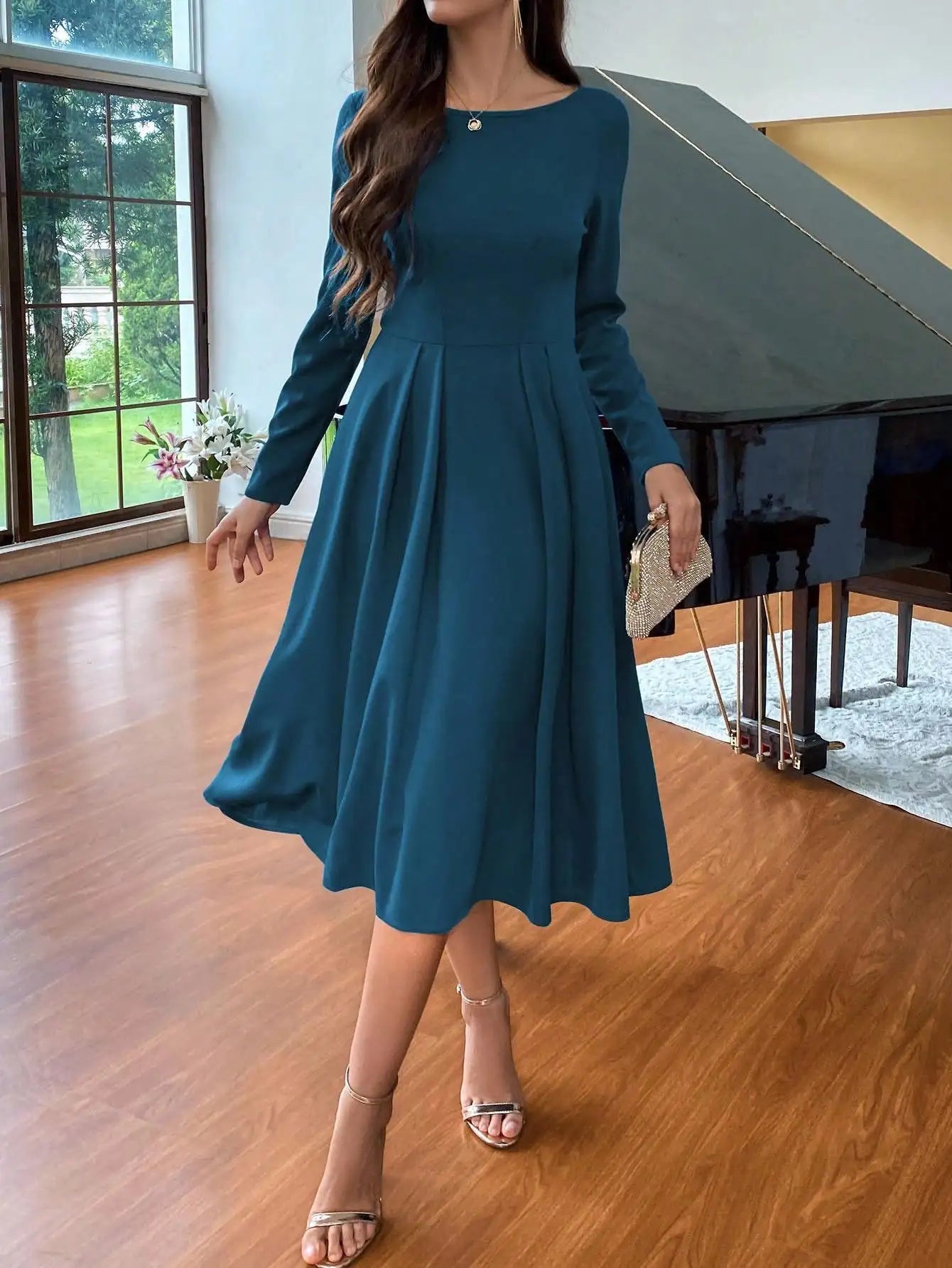 Elegant Women Long Sleeve A Line Dress Polyester Modern