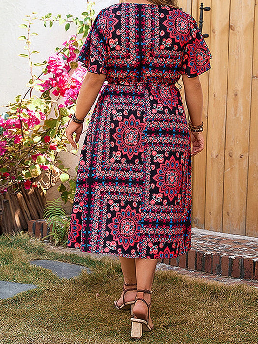 Women s Floral Print V Neck Short Sleeve Midi Dress with Slit